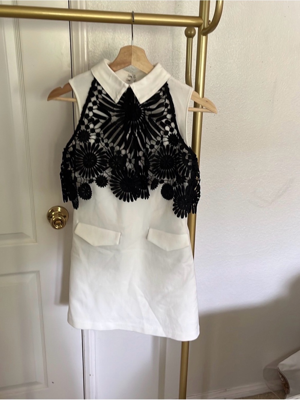 Self-Portrait White Dress with Black Floral Lace Overlay - Picture 2 of 5